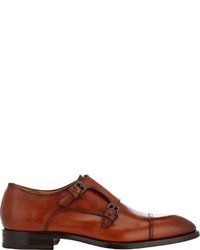 Barneys New York Saffiano Cap Toe Double Monk Shoes Brown