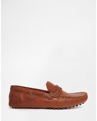 Asos Brand Driving Shoes In Tan Leather With Plaited Strap