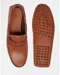 Asos Brand Driving Shoes In Tan Leather With Plaited Strap