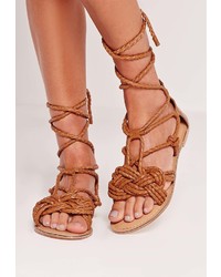 Missguided Real Leather Pleated Strap Lace Up Flat Sandals Tan