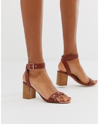 Ted Baker Tan Leather Block Heeled Sandals With Bow Studding