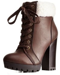 Charlotte Russe Bamboo Shearling Cuffed High Heel Combat Booties