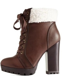Charlotte Russe Bamboo Shearling Cuffed High Heel Combat Booties
