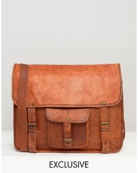 Reclaimed Vintage Leather Messenger Bag In Tan With Pocket