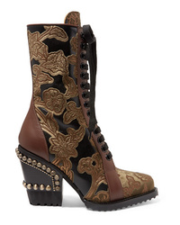 Chloé Rylee Studded Brocade And Appliqud Leather Ankle Boots