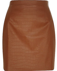 River Island Brown Leather Look Mock Croc A Line Skirt