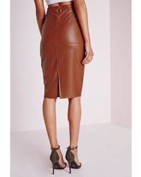 Missguided Faux Leather Midi Skirt Tan