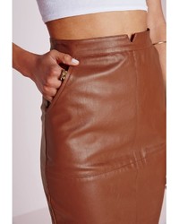Missguided Faux Leather Midi Skirt Tan