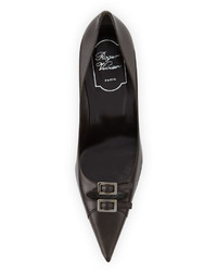 Roger Vivier Smooth Leather Two Buckle Pointed Toe Pump Brown