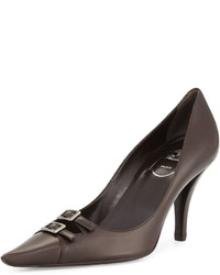 Roger Vivier Smooth Leather Two Buckle Pointed Toe Pump Brown