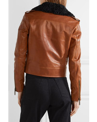 Saint Laurent Shearling Trimmed Leather Biker Jacket Tan