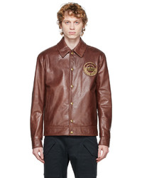Etro Burgundy Leather Logo Patch Jacket