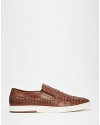 Dune Woven Slip On Sneakers In Tan Leather