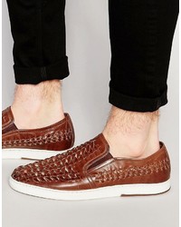 Dune Woven Slip On Sneakers In Tan Leather