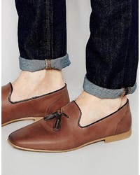 Asos Brand Tassel Loafers In Brown Washed Leather