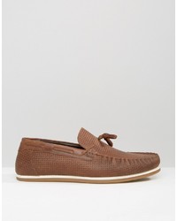 Asos Tassel Loafers In Tan Leather With Woven Detail
