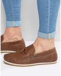 Asos Tassel Loafers In Tan Leather With Woven Detail