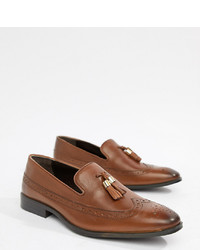 ASOS DESIGN Wide Fit Brogue Loafers In Tan Leather With Gold Tassel Detail