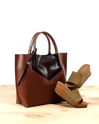 Neiman Marcus Made In Italy Two Tone Leather Shopper Tote Cognacbrown