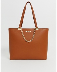 Love Moschino Tan Tote Bag With Attached Gold Chain