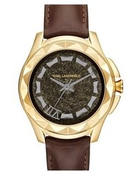 Karl Lagerfeld 7 Faceted Bezel Leather Strap Watch 44mm