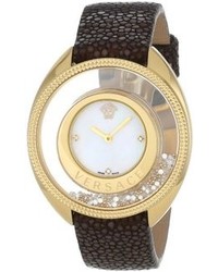 Versace 86q701md497 S497 Destiny Spirit Gold Ip Case Floating Spheres In Glass Bezel Mother Of Pearl Dial Brown Galuchat Leather Diamond Watch