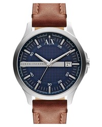 AX Armani Exchange Round Leather Strap Watch 46mm Brown Blue
