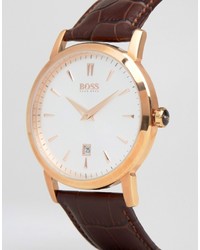 Hugo Boss Boss Slim Ultra Round Leather Watch In Brown