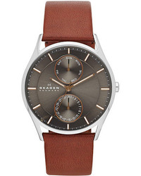 Skagen Denmark Silvertone And Leather Chronograph Watch