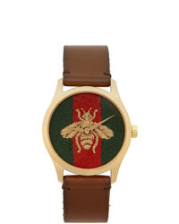 Gucci Gold And Brown Medium G Timeless Bee Watch