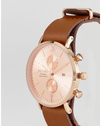 Reclaimed Vintage Inspired Rose Gold Chronograph Leather Watch In Brown To Asos