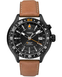 Timex Intelligent Quartz 3 Gmt Brown Leather Strap Watch 47mm T2p427ab