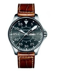 Hamilton Khaki Aviation Pilot Auto Stainless Steel Embossed Leather Strap Watch