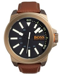 Boss Orange New York Texture Dial Leather Strap Watch 52mm