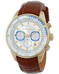 Vince Camuto Vc1043wtgp The Admiral Dress Chronograph Gold Tone Brown Leather Strap Watch
