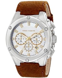 Vince Camuto Vc1064svbn The Dyver Silver Tone Brown Leather Strap Chronograph Watch