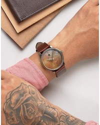 Asos Watch With Distressed Leather Strap And Burnished Face