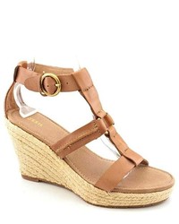Fossil Selena Tan Open Toe Leather Wedge Sandals Shoes