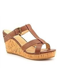 Kelly & Katie Calabria Brown Wide Leather Wedge Sandals Shoes