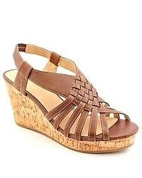 Kelly & Katie Campania Brown Wide Leather Wedge Sandals Shoes