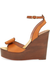 RED Valentino Leather Bow Platform Wedge Sandal Brown