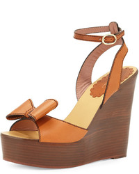 RED Valentino Leather Bow Platform Wedge Sandal Brown