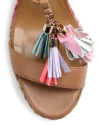 Sophia Webster Lucita Tassel Leather T Strap Espadrille Wedge Sandals