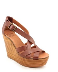 Lucky Brand Suzume Brown Leather Wedge Sandals Shoes Newdisplay