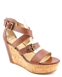 Marc Fisher Cakie Brown Open Toe Leather Wedge Sandals Shoes