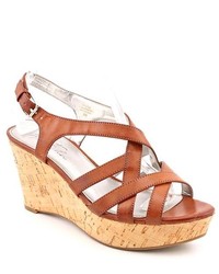 Marc Fisher Gleena Brown Open Toe Faux Leather Wedge Sandals Shoes