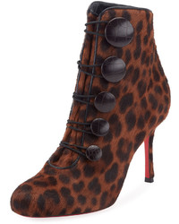 Christian Louboutin Booton Leopard Button Red Sole Bootie Brown