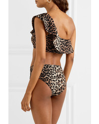 Ganni One Shoulder Ruffled Leopard Print Bikini Top