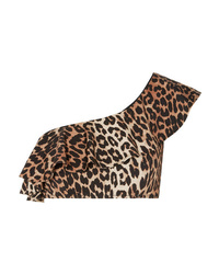 Ganni One Shoulder Ruffled Leopard Print Bikini Top