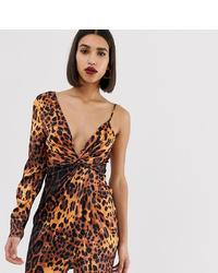 PrettyLittleThing Asymmetric Sleeve Mini Dress In Leopard Print